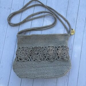 Vintage Crochet Shoulder Bag Purse Beige/Tan Zip Top Floral Motif Hobo
